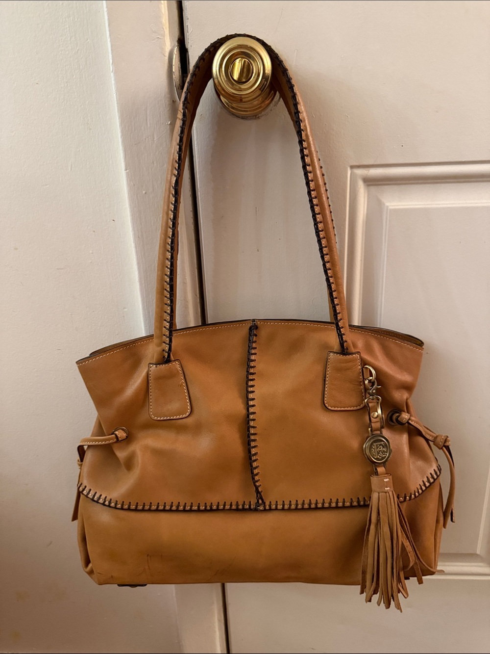 Women's Cognac Leather Shoulder Tote with Contrast Whipstitch